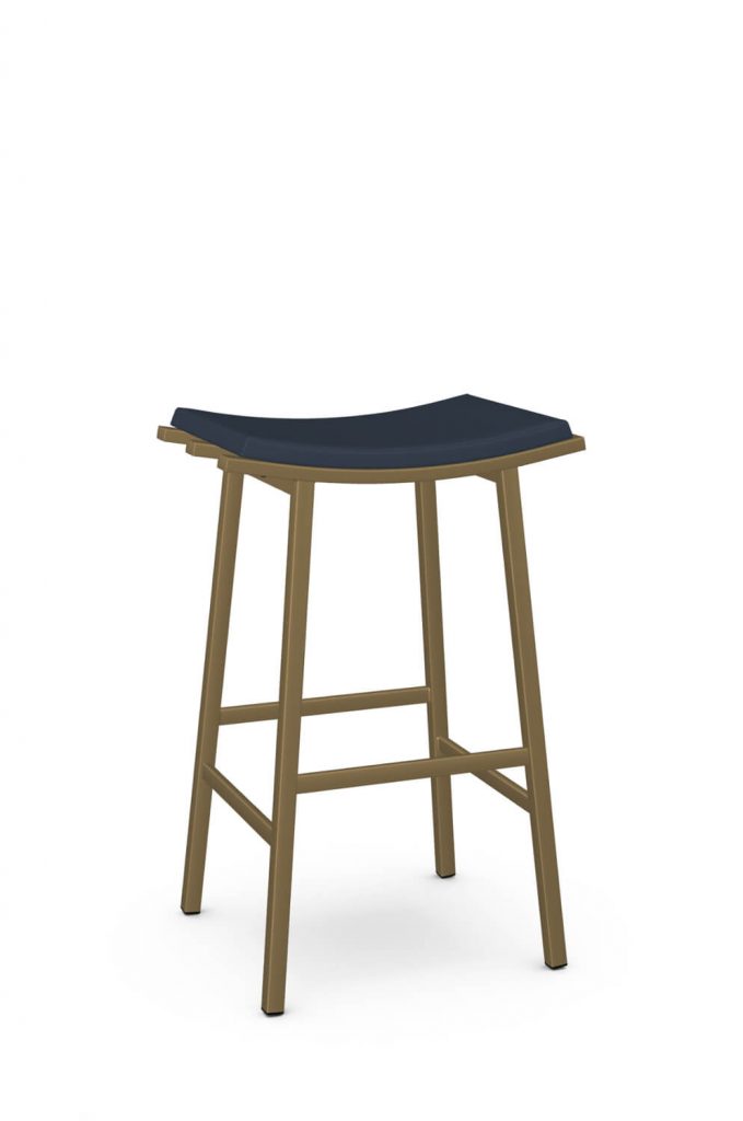 Amisco's Nathan Modern Gold Backless Saddle Stool with Blue Vinyl Seat Covering