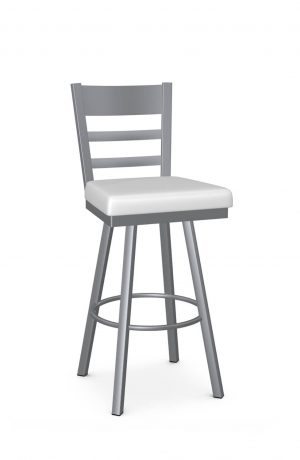 Amisco's Owen Modern Silver Bar Stool with Ladder Back and White Seat Vinyl