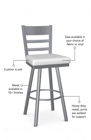 Soft seat cushion is available in fabric or vinyl and the metal is welded at the joints for support. This bar stool is custom made for you!