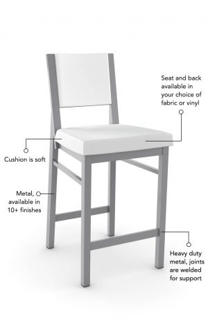 Soft seat and back cushion is available in fabric or vinyl and the metal is welded at the joints for support. This bar stool is custom made for you!