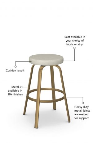 Soft seat cushion is available in fabric or vinyl and the metal is welded at the joints for support. This bar stool is custom made for you!