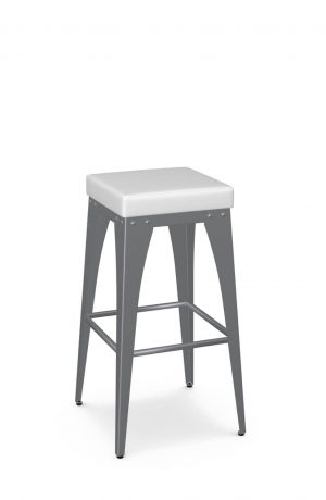 Amisco's Upright Backless Modern Bar Stool in Silver Metal and White Seat Cushion