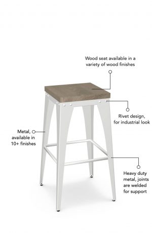 Wood seat is available in a variety of wood finishes and the metal has joints that are welded for support. This bar stool is custom made for you!