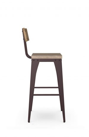 Amisco's Upright Industrial Bar Stool in Brown Metal and Wood Back - Side View