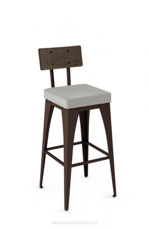 Amisco's Upright Modern Barstool with Wood Back, Square Seat Cushion, and Brown Metal Finish