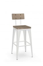 Amisco's Upright White Tabouret Bar Stool with Wood Back and Seat
