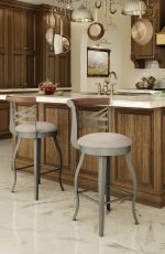 Amisco's Whisky Metal and Wood Swivel Bar Stools with Low Back in Traditional Wood Kitchen