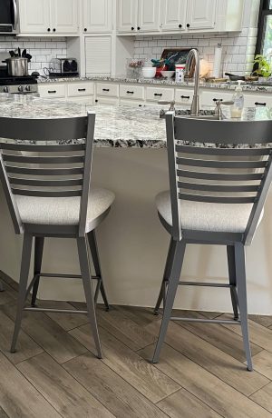 Amisco's Edwin Silver Swivel Bar Stools with Backs in Customer's White Kitchen
