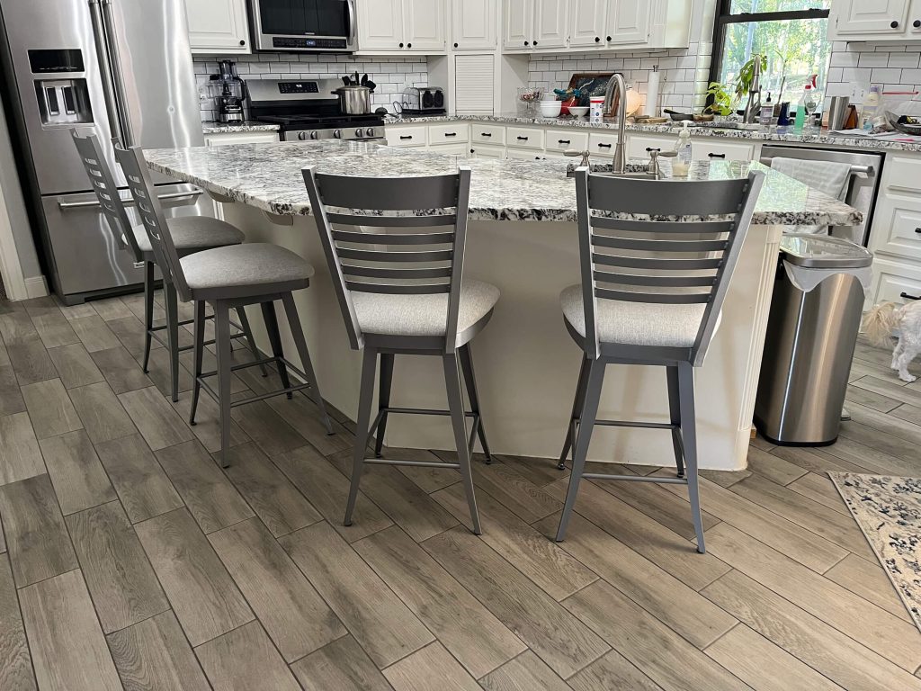Amisco's Edwin Silver Swivel Bar Stools with Backs in Customer's White Kitchen - Full Kitchen Photo