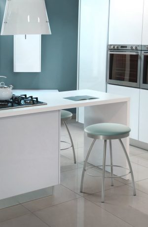 Trica's Adam Swivel Metal Backless Bar Stool with Round Seafoam Green Seat Cushion in Modern, White Kitchen