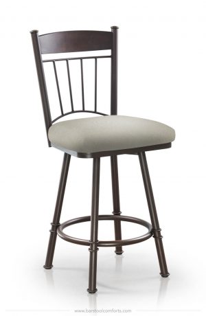 Trica's Allan Swivel Counter Stool in Mahogany Wood Finish on Back, Thick Seat Cushion and Metal Frame