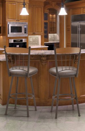 Trica's Allan Swivel Barstools with Fan and Wood Back Design with Vinyl Seat, Metal Frame in Traditional Wood Kitchen
