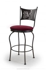 Trica's Art Collection 1 Armless Swivel Counter Stool in Black Metal Finish, Red Seat Cushion and Wine Glass, Wine Bottle and Grapes Cut-Out on Backrest