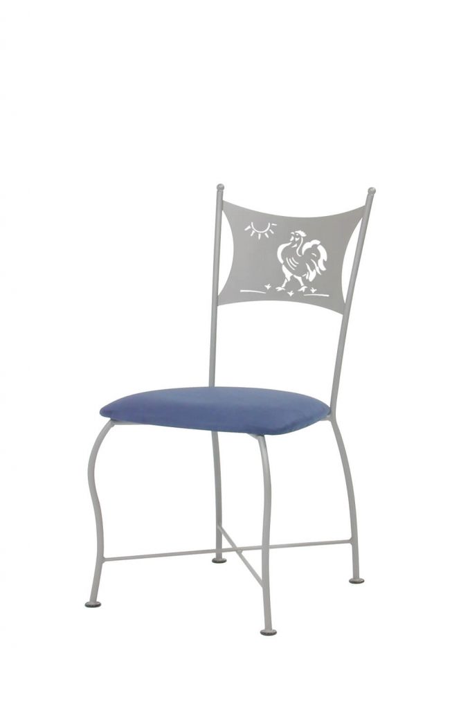 Trica's Art Collection Dining Chair with Rooster Design on Back, Silver Metal, and Blue Seat Cushion