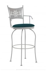 Trica's Art Collection Silver Swivel Bar Stool with Arms in Teal Seat Cushion and Anchor Laser Cut Back Design