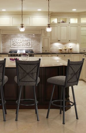 Trica's Arthur 1 Upholstered Swivel Bar Stools with Cross Back Design, in Transitional Off-White Kitchen Island with Pendant Lights