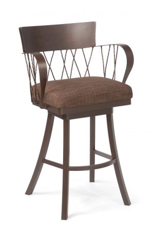 Trica's Bambusa 2 Brown Swivel Bar Stool with Arms, Wood Trim on Back, Cross Back Design, Wide Seat Cushion and Metal Frame
