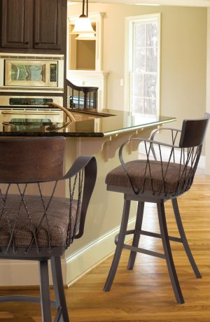 Trica's Bambusa Swivel Bar Stools with Arms and Backrest with Deep Seat - in Traditional Dark Brown Kitchen