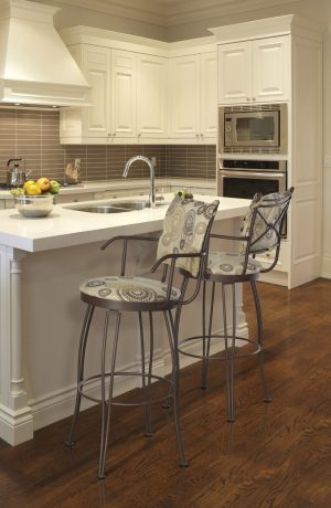 Trica's Bill 2 Swivel Barstools with Arms in Transitional, Cream Kitchen with Stainless Steel Appliances