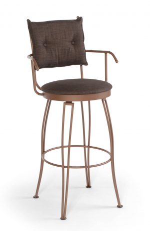 Trica's Bill 2 Swivel Bar Stool with Arms, Button Tufted Backrest and Round Seat Cushion in Brown Metal Finish and Brown Fabric