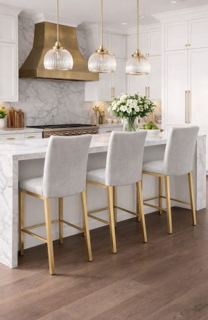 Trica's Biscaro Gold Counter Stools in Modern White Kitchen