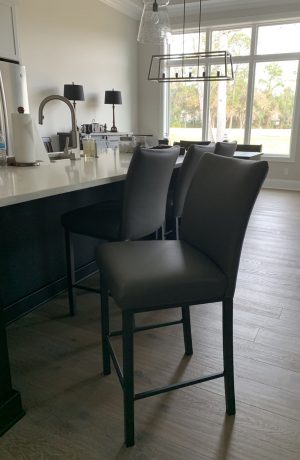 Trica's Biscaro Modern Upholstered Bar Stools in Gray in Modern Black and White Kitchen