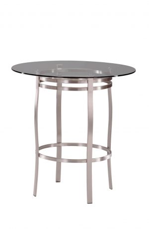 Trica's Bourbon Counter Height Table in Brushed Steel Metal and Round Glass Top