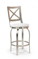 Trica's Chateau Modern Swivel Brushed Steel Bar Stool with Cross Back Design and White Seat Cushion