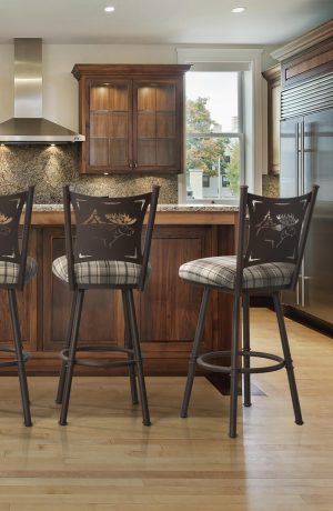 Trica's Creation Collection Armless Swivel Bar Stool with Elk Design on Backrest in Traditional Brown Kitchen
