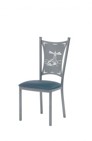 Trica's Creation Collection Metal Dining Chair with Blue Seat Cushion and Lighthouse Laser Cut-Out on Backrest
