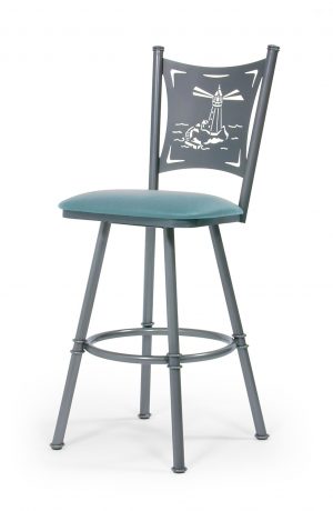 Trica's Creation Collection Swivel Bar Stool with Lighthouse Sea Back Design with Seafoam Green Seat Cushion and Silver Metal Frame