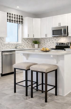 Trica's Day Black Backless Bar Stools in Small White Kitchen