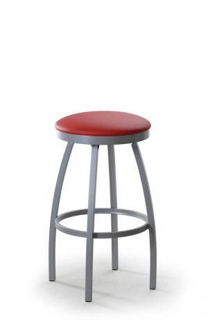 Trica's Henry Backless Swivel Silver Bar Stool with Red Vinyl Round Seat Cushion