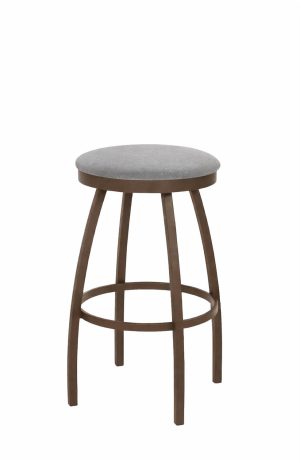 Trica's Henry Brown Backless Swivel Bar Stool with Gray Fabric on Seat