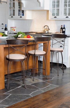 Trica's Laura Swivel Counter Stool with Cross Back Design and Wood Trim on Back, Round Seat Cushion - in Traditional Country Kitchen