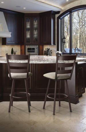 Trica's Louis Metal Swivel Bar Stools with Seat Cushion and Ladder Back Design in Traditional, Dark Brown Kitchen