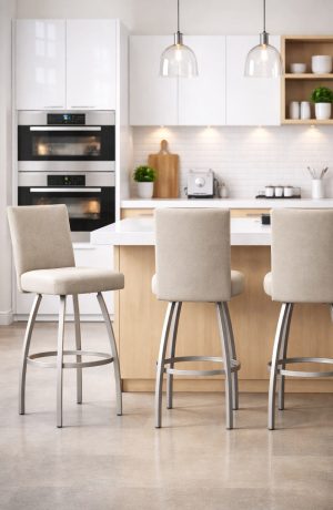 Trica's Nicholas Silver Swivel Counter Stools with Brown Fabric in Modern Kitchen