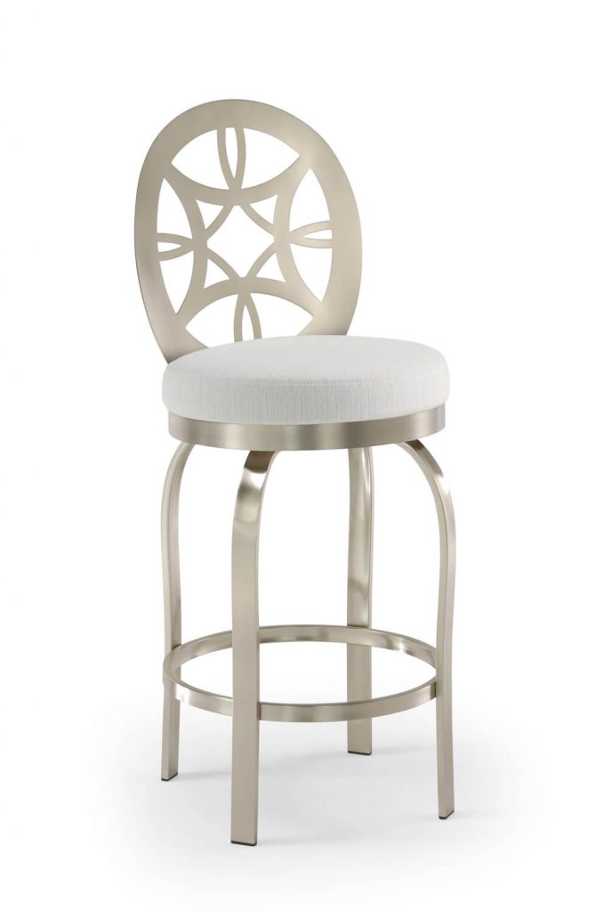 Trica's Provence Counter Swivel Stool with Oval and Swirl Backrest, Brushed Steel Metal and Round White Seat Cushion