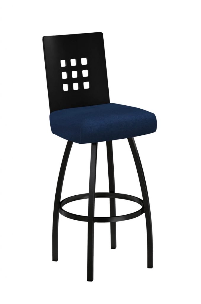 Trica's Tristan Black Modern Swivel Bar Stool with Blue Seat Cushion and Black Wood Back with Squares