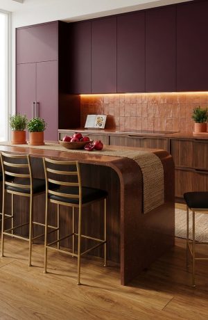 Wesley Allen's Benton Gold Bar Stools in Dillon Black Vinyl in Colorful Kitchen