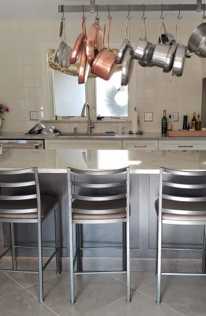 Wesley Allen's Benton Modern Stationary Barstools in Silver in Modern Industrial Kitchen