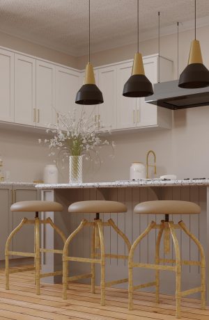 Wesley Allen's Dodge Adjustable Swivel Bar Stool in Modern Gold and White Kitchen
