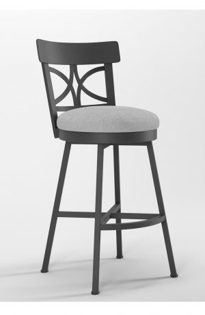 Wesley Allen's Sausalito Black Metal Bar Stool with Low X Back and Gray Round Seat Cushion