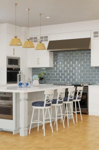 Wesley Allen's Sausalito Farmhouse White Swivel Bar Stools in Farmhouse White and Blue Kitchen