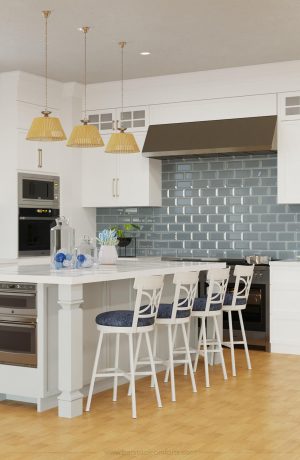 Wesley Allen's Sausalito Farmhouse White Swivel Bar Stools in Farmhouse White and Blue Kitchen