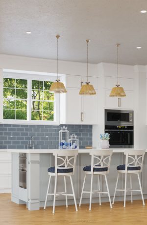 Wesley Allen's Sausalito Farmhouse Swivel Counter Stools in Farmhouse White and Blue Kitchen