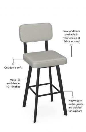 Soft seat and back cushion is available in fabric or vinyl, and the metal is welded at the joints for support. This bar stool is custom made for you!