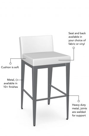 Soft seat and back cushion is available in fabric or vinyl, and the metal is welded at the joints for support. This bar stool is custom made for you!