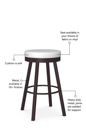 Soft seat cushion is available in fabric or vinyl and the metal is welded at the joints for support. This bar stool is custom made for you!