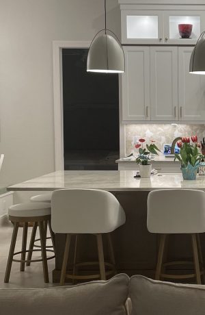 Amisco's Rudy Backless Swivel Bar Stools in Gold and White Kitchen